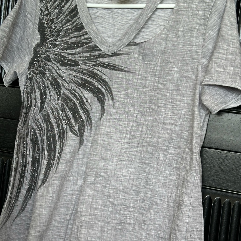 Vocal Gray V-Neck Tee with Black Wing Design